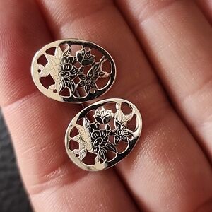 VTG Silver Floral Filigree Oval Stud Earrings - Women Jewelry